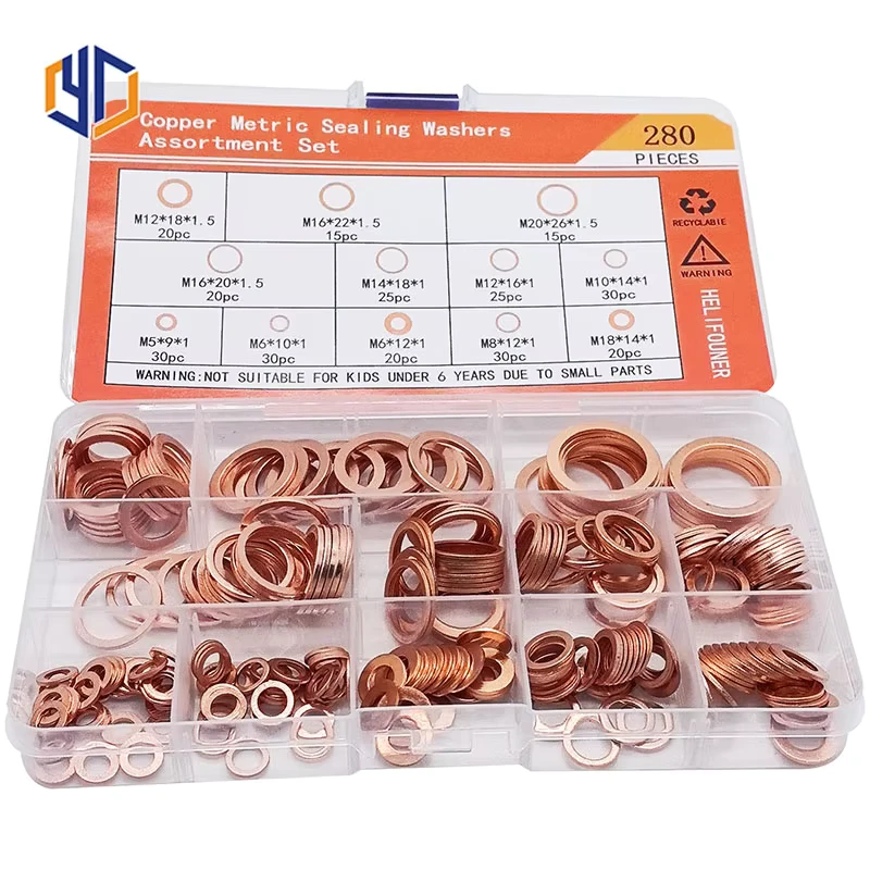 280pcs Copper Washers Copper Sealing Washer 12 Sizes Assorted Solid Copper Crush Washers Seal Flat Ring Set with Case