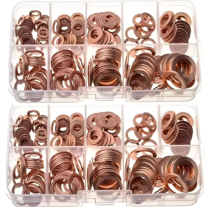 300pcs Copper Washer Gasket Nut and Bolt Set Flat Ring Seal Assortment Kit with Box M5 M6 M8 M10 M12 M14 for Sump Plugs
