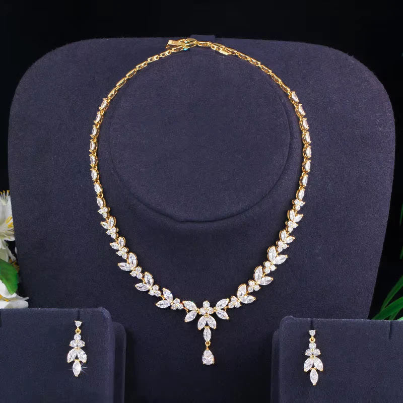 Brass Zircon Leaf Bridal Necklace Earrings Set Gold Plated Wedding Jewelry