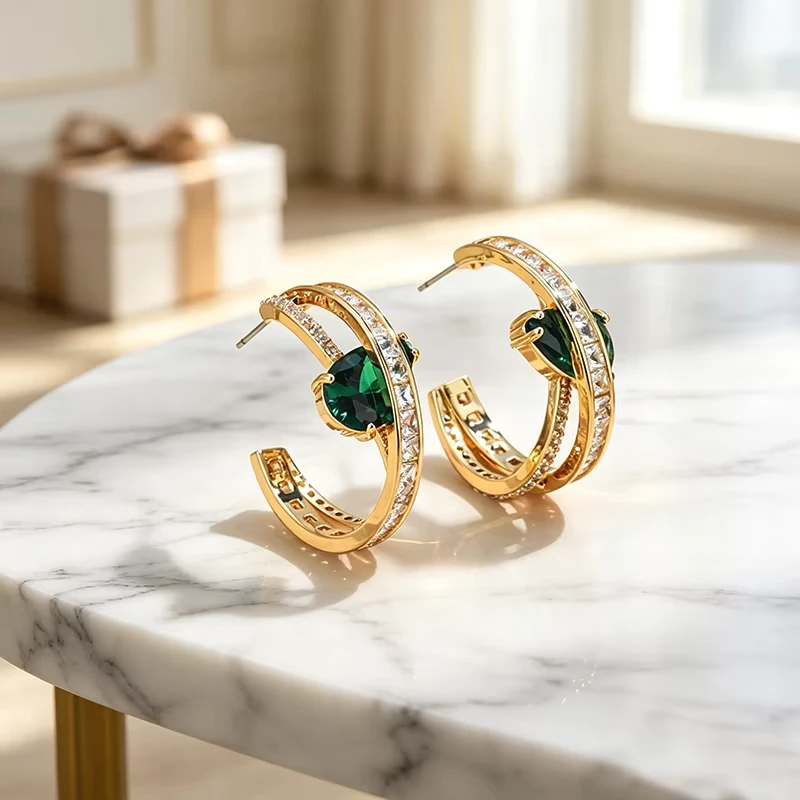 Emerald Green Brass Hoop Earrings Women Classic 18K Gold Plated CZ Double Layer C Hoops Vintage Daily Wear
