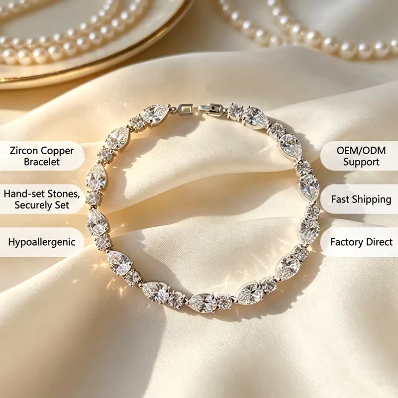 Fashion Bracelets Silver Plated Brass Pear Zircon Tennis Bracelet Teardrop Linked Bridal Wedding Jewelry TarnishFree Factory