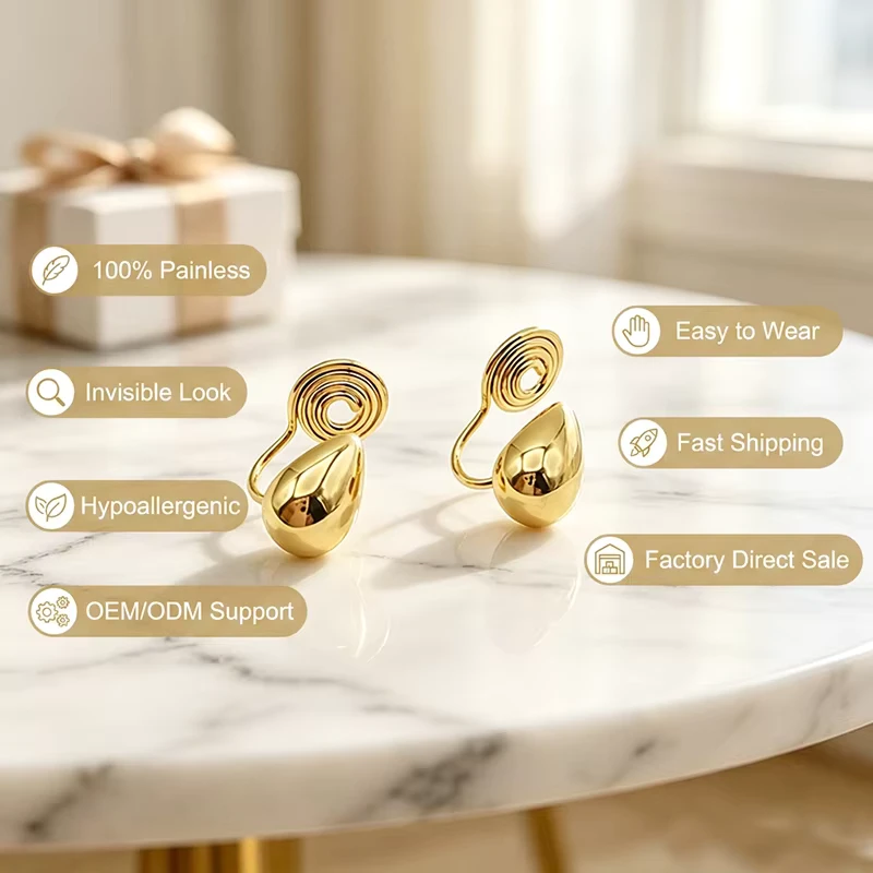 Gold Waterdrop Clip on Earrings for Women Painless Invisible Mosquito Coil Earrings Earring
