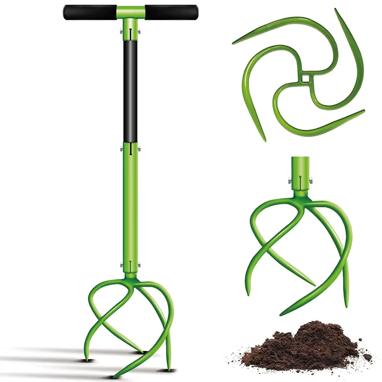 JH Mech Manual Adjustable Height Tiller Garden Claw Cultivator Long Handle Green Rototiller Weeder Steel Core Lawn Aeration
