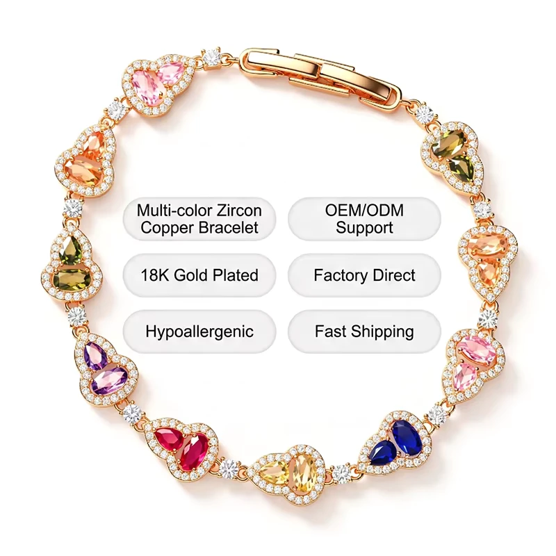Multi-color Zircon Copper Bracelet Women Rose Gold Plated Rainbow Pear Cut CZ Link Bracelet Jewelry Gift
