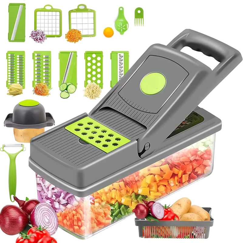 Vegetable Chopper with Colander Basket Multi Functional Food Fruit Slicer Kitchen Gadgets Tools Home Essentials