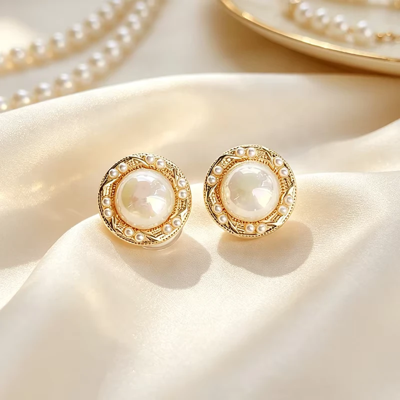 Vintage 18K Gold Plated Pearl Clip on Earrings Invisible Painless for Unpierced Ears Shell Pearl Retro Jewelry New Factory